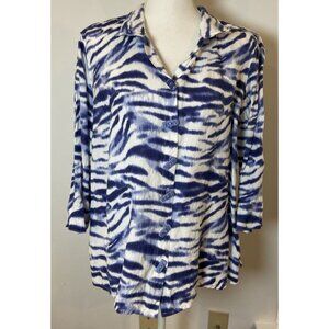 Ali Miles Blouse Shirt Linen Blend Artsy Button Wire Neck Blue White M